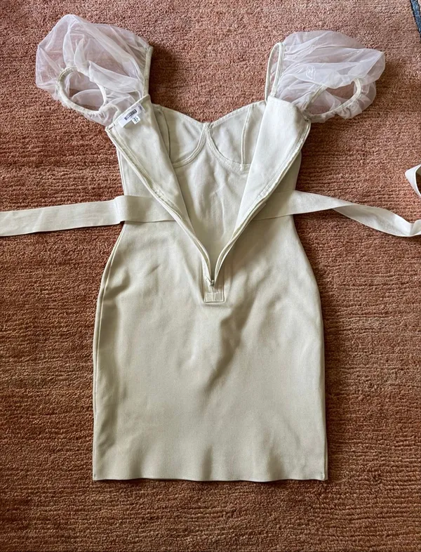 Missguided Ivory Corset Mini Dress Size S Organza Puff Sleeve Belted - Image 9