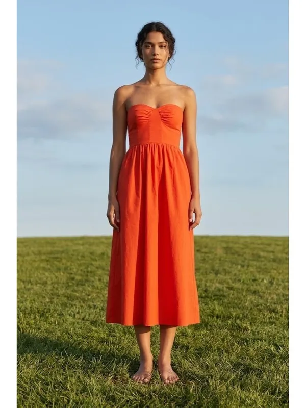 NWT Reformation Buckley in Paprika Red Organic Cotton Strapless Midi Dress 10 - Image 12