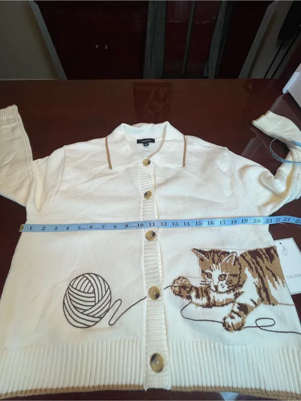 Anthropologie Calligraphie Novelty Knit Cat Sweater Cardigan Grandma Cream L - Image 9