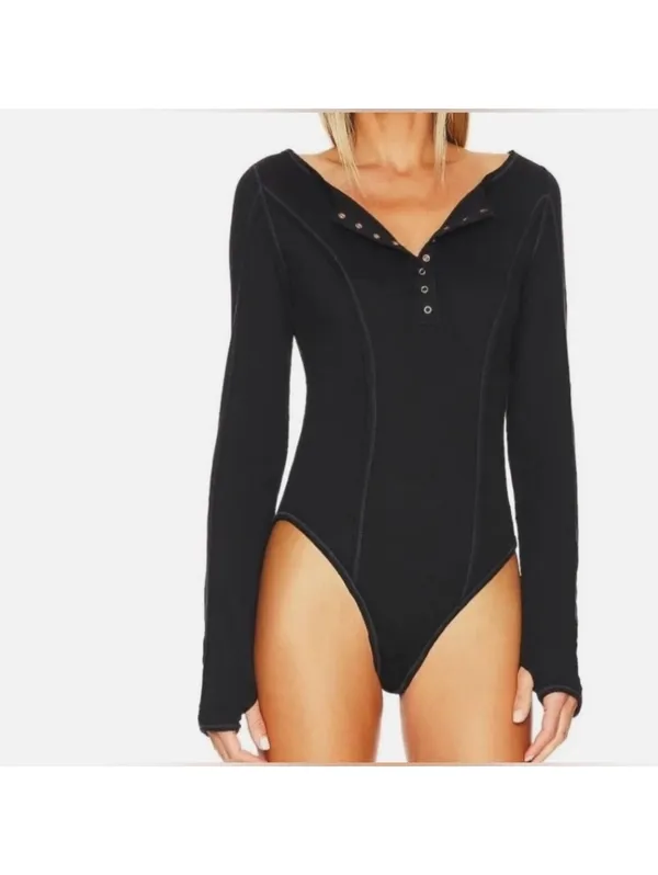 NWT Free People Intimately Sloane Long Sleeve Henley Black bodysuit size xs - Image 2
