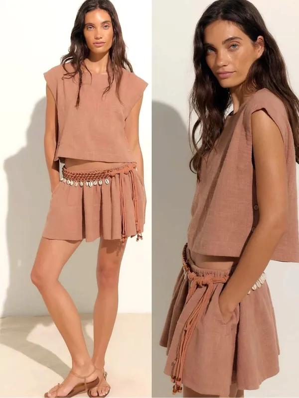Free People Bohemian Beachy Neutral Skye Mini Skirt & Top Set Latte Small NWT - Image 2