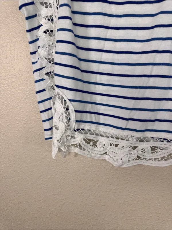 Maeve White Blue Striped Crochet Crop Blouse Womens L Casual Girly Coquette - Image 6