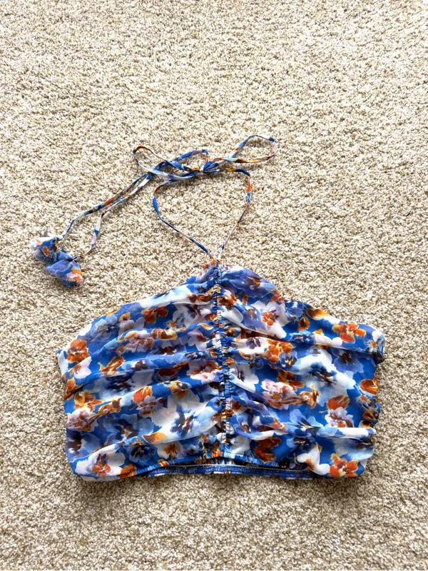 Misa Los Angeles Blue Pansy Selmin Top Blue Floral Halter Crop Top Sz Large - Image 6