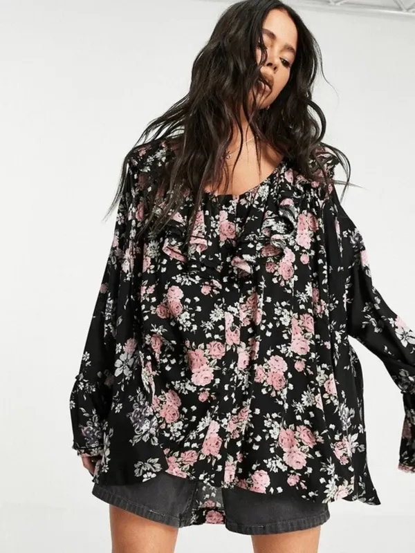 Nwt Free People Loretta Printed Tunic Floral Printed Blouse Black Combo - M - Image 5