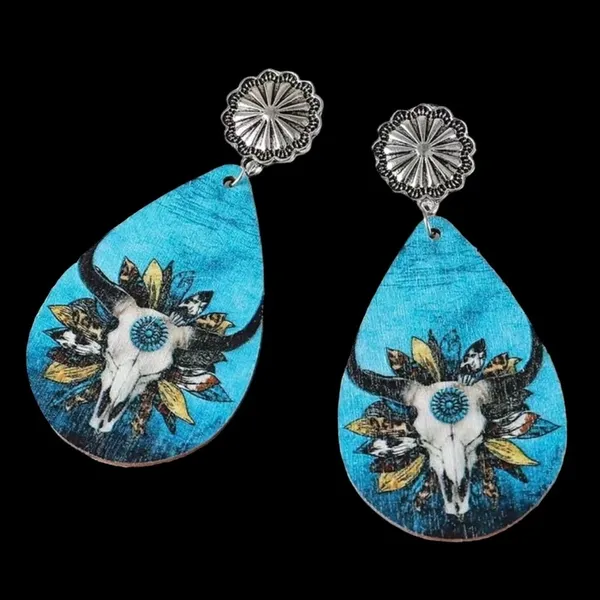 Handmade Wooden double sided western‎ style retro bullhead waterdrop dangle earrings - Image 9