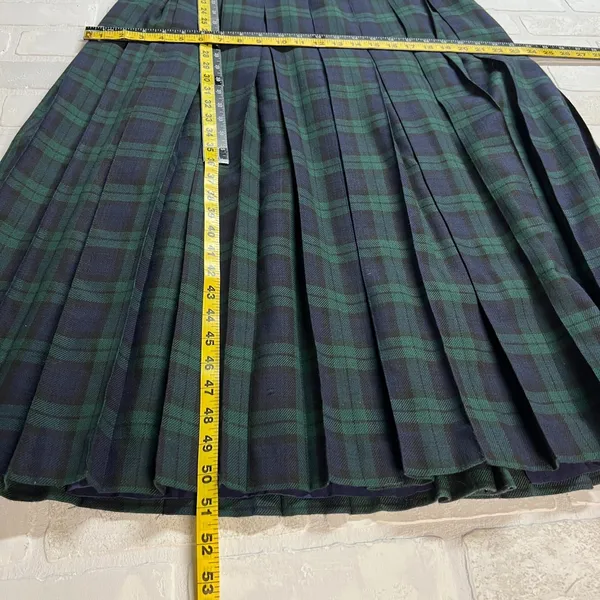 Vintage Tartan‎ Plaid Maxi Dress Womens 4 Green Navy Pleated A-Line Gold Buttons - Image 3