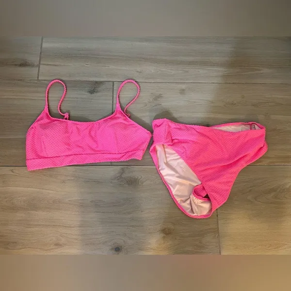 Cupshe NEW Pink Bikini Set 2 pc Bathing Suit High Waisted Ribbed Texture XL 16/18 - Image 4