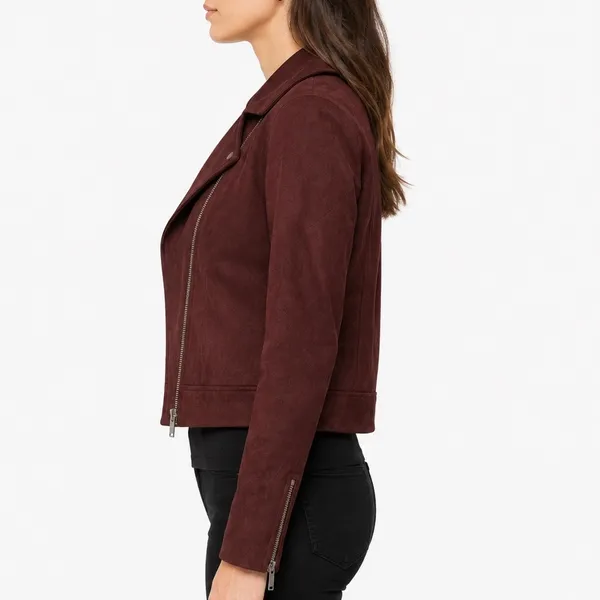 Old Navy Women’s Medium Burgundy Faux Suede Moto Biker Jacket Zip Cuffs - Image 3