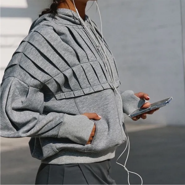 NEW FREE PEOPLE | We The Free‎ Pick it Up Pleated Pullover Gray Hoodie Sz L - Image 2