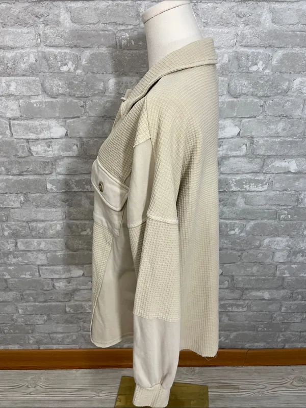 Blue B Textured Knit Frayed Button Jacket Tan - Image 2