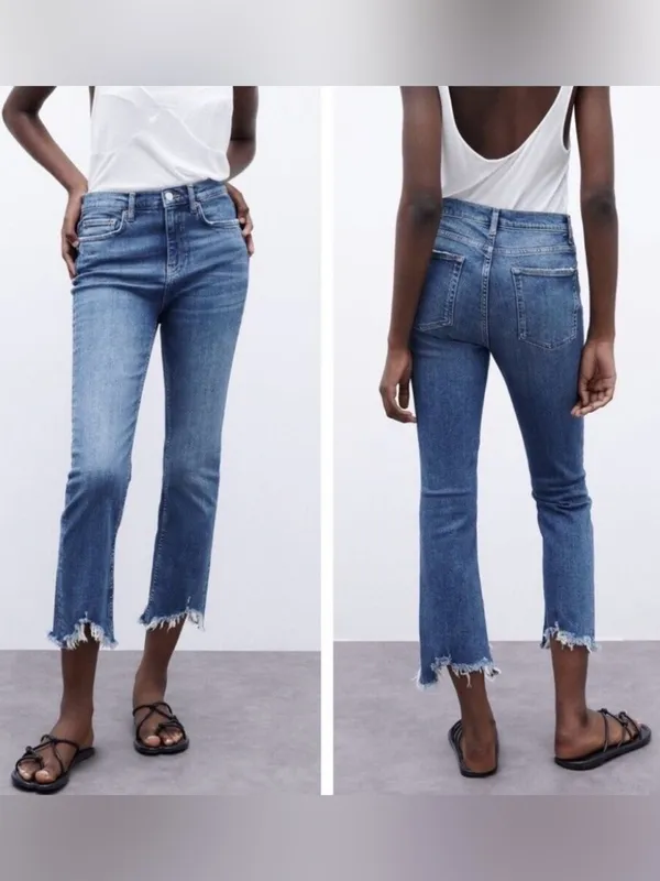 Zara The Bootcut Distressed Raw Frayed Hem Cropped Jeans Sz 6 Cotton Med Wash - Image 2