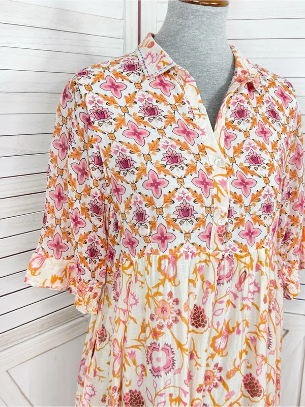 Dolma Kelly Floral Boho Tiered Midi Dress Pink Orange Large Cotton Mosaic - Image 6