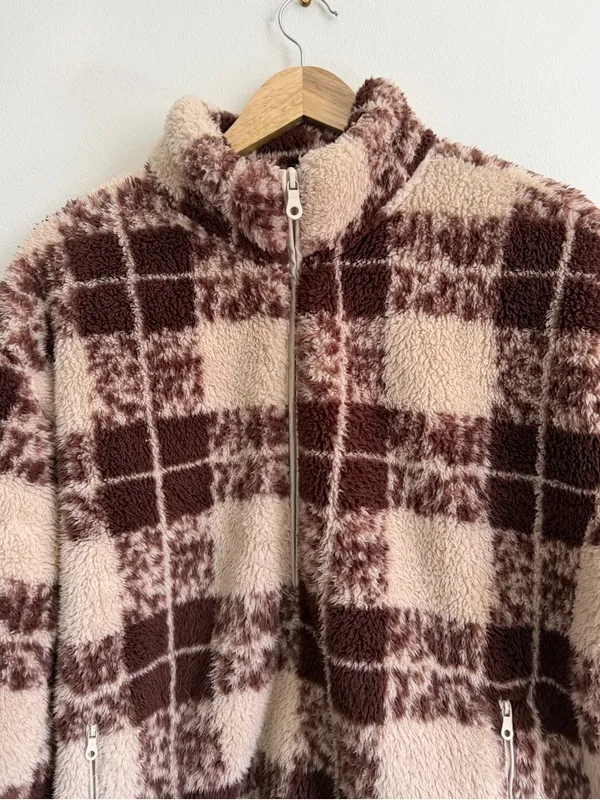 OFFLINE by Aerie Plaid Sherpa Fleece Quarter Zip Pullover Sweater Size Large Tan - Image 4