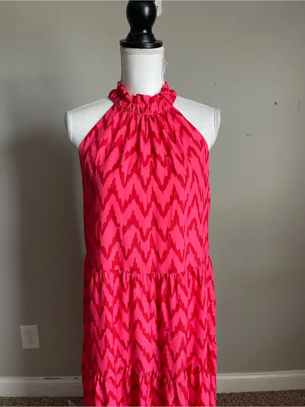 UMGEE | Hot Pink Chevron Print Tiered Halter Maxi Dress Sz S - Image 3