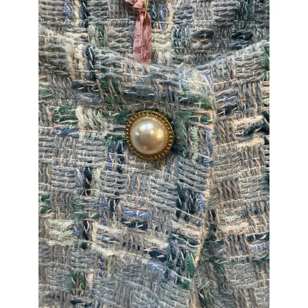 Nanette Lepore Tweed Elegant Blue Women's Pearl Button Blazer Jacket Size Large - Image 5