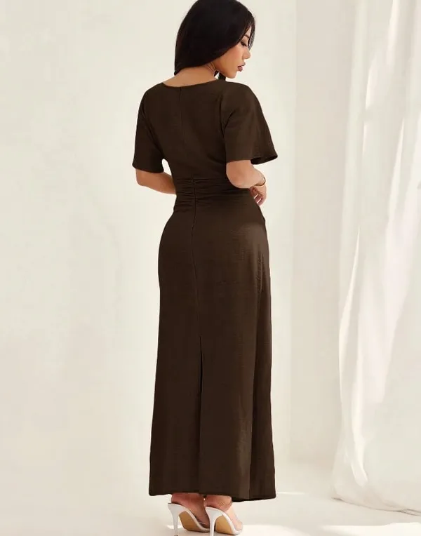 Dark Brown Round Neck Short Sleeve Waist-Defining Maxi Dress - Image 2