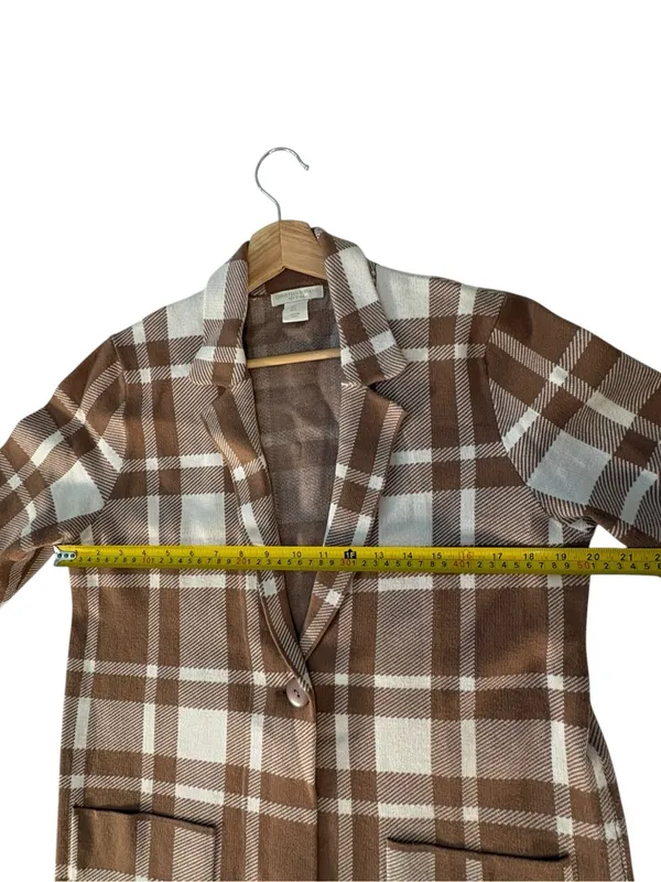 Christian Siriano Women L Plaid Knit Blazer Tan Cream Longline Preppy Office - Image 12