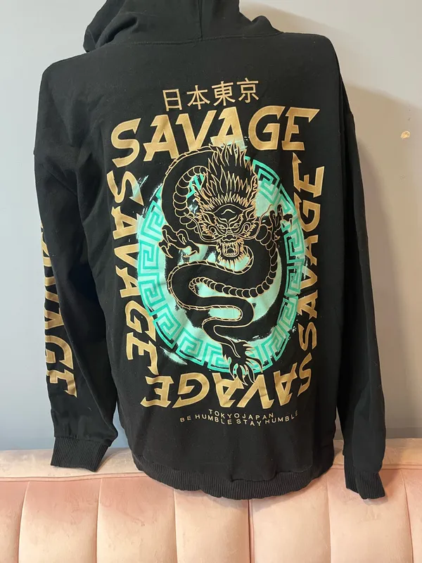 French Laundry Savage X Fenty black hoodie with green and gold 'SAVAGE' text and snake graphic, size 2XL. - Image 2