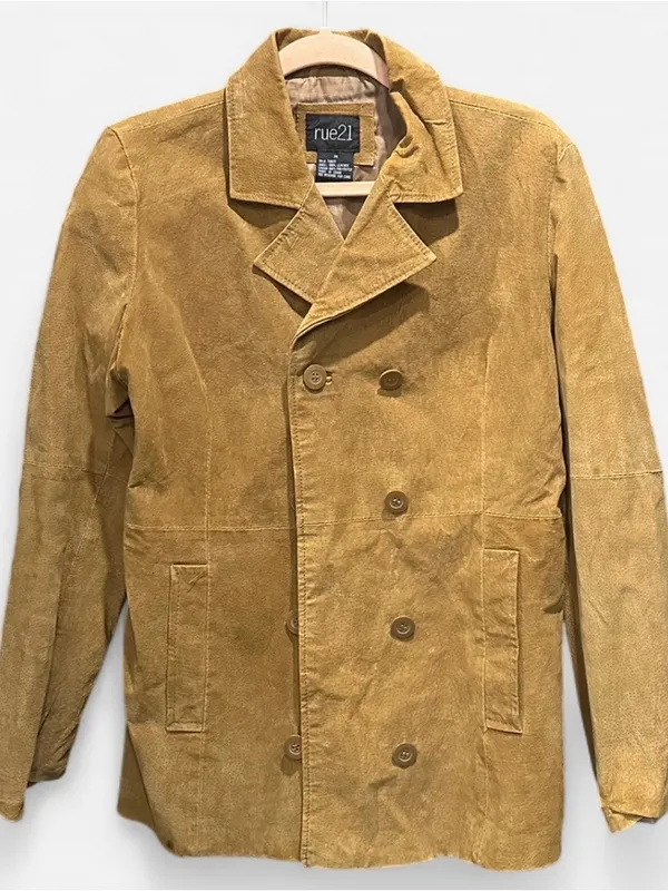 Vintage Y2K Rue21 Genuine Suede Tan Double Breasted Jacket Medium Boho - Image 7