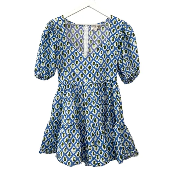 Mille Aneli Blue & Green Block Print Puff Sleeve Mini Dress Size XS - Image 4