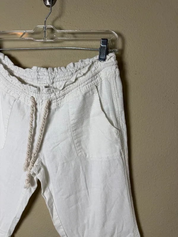 ROXY White Linen Drawstring Wide Leg White Pants Trousers Size Small - Image 3