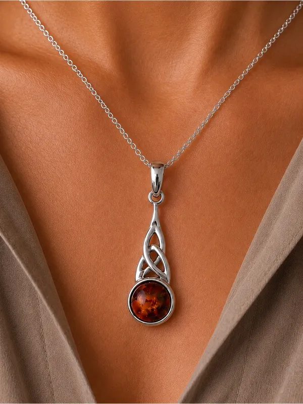 Estate Sterling Silver Celtic Knot Baltic Amber Necklace w/ Sterling Plate Chain - Image 2