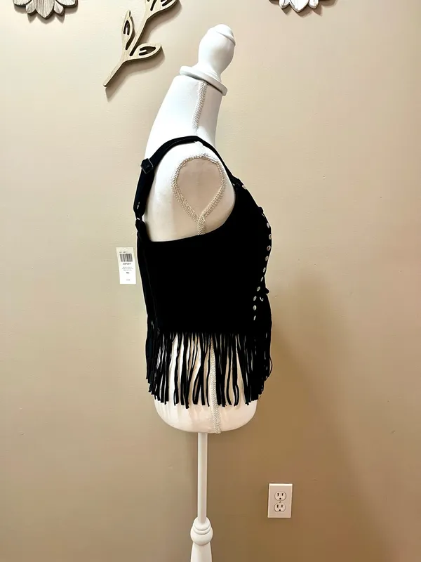 NWT Social Collision Faux Suede Fringe Black Top Size Medium - Image 4