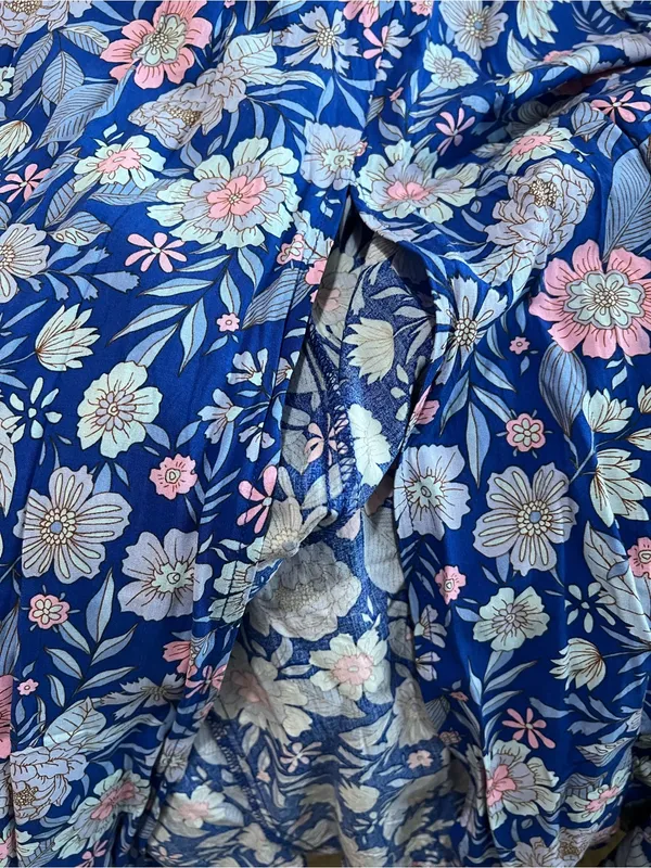Abel The Label Blue Pink Floral Tie Back Bell Cottage Front Slit Maxi‎ Dress - Image 12