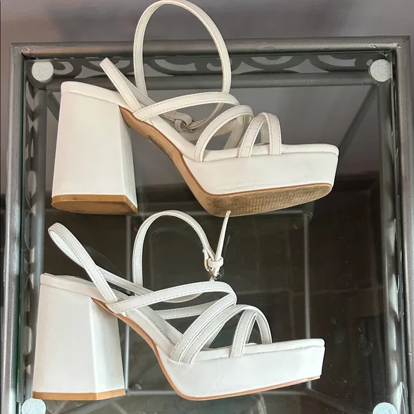 White Strappy Platform Ankle Strap High Block Heel Sandals Size 6 - Image 4
