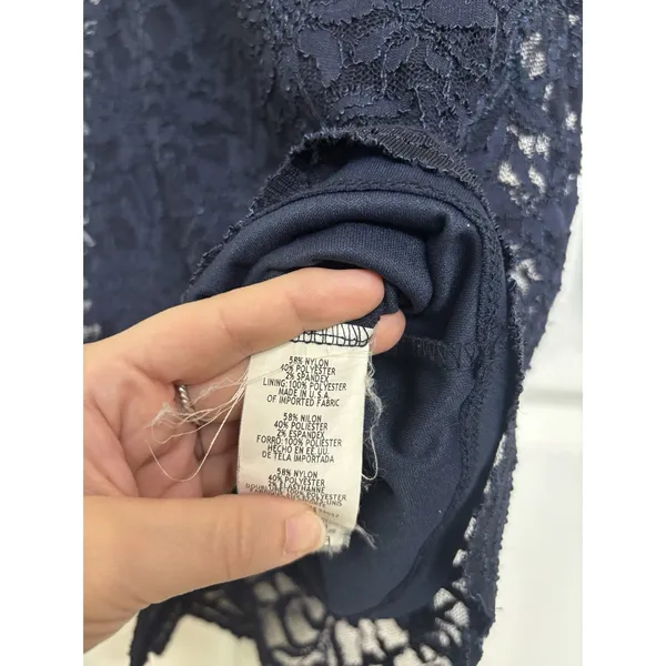 Navy Blue Floral Lace Body Con Long Sleeve Dress Y2K Club M Off Shoulder USA - Image 9