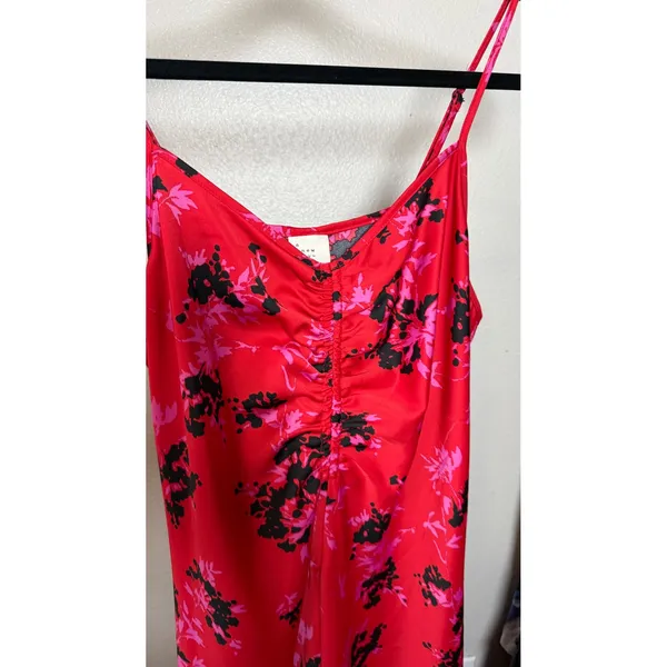 A New Day Womens Red Floral Satin Ruched Midi Slip Dress Large‎ - Image 6