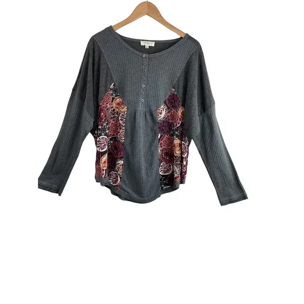 UMGEE USA Gray Waffle Knit Floral Patchwork Button Front‎ Tunic Top XL - Image 11