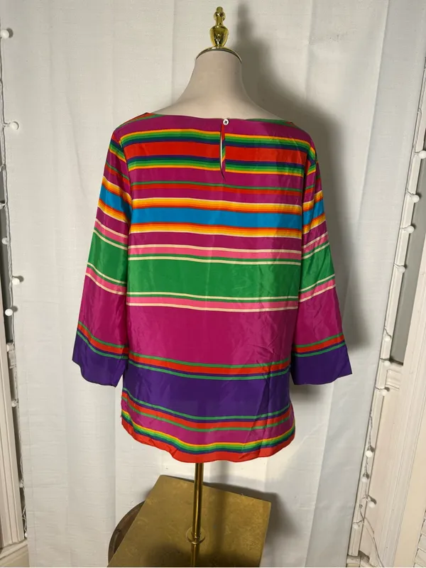 Lauren Ralph Lauren XL Rainbow Stripe 100% Silk Blouse Colorful Tunic Top - Image 2