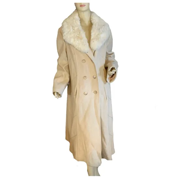 Vintage 1980'S Prime Source Ny Beige & Cream Wool & Rabbit Fur Collar Coat (L) - Image 2