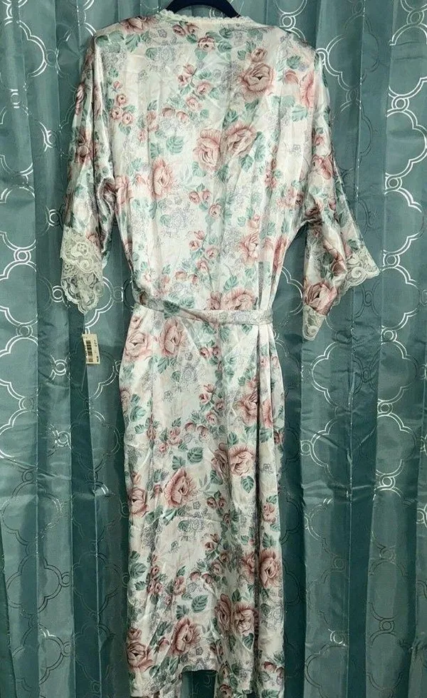 Vintage California Dynasty Long Kimono Robe Womens M Cream Floral - Image 7