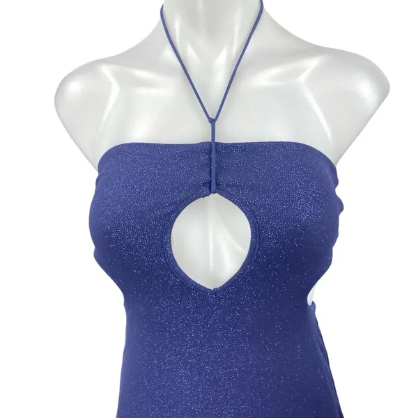 Women's Navy Blue Glitter Sleeveless Halter Cutout Tie Back Midi Dress Size XS - Image 3