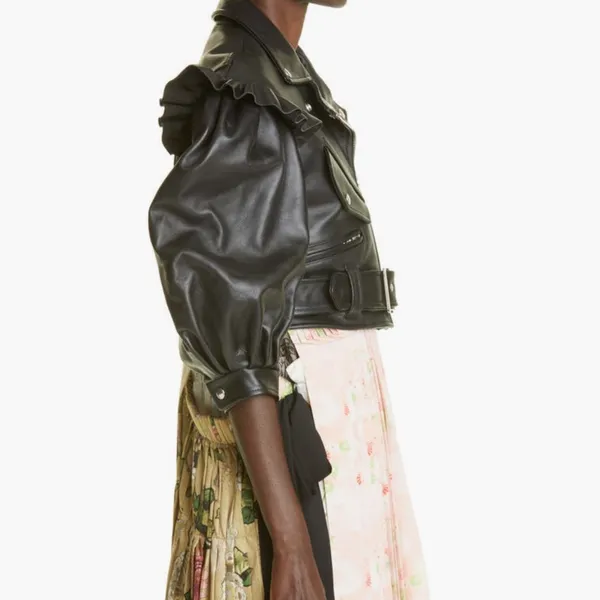 Simone Rocha Black Leather Jacket with Ruffle Accents Size 6 - Image 2