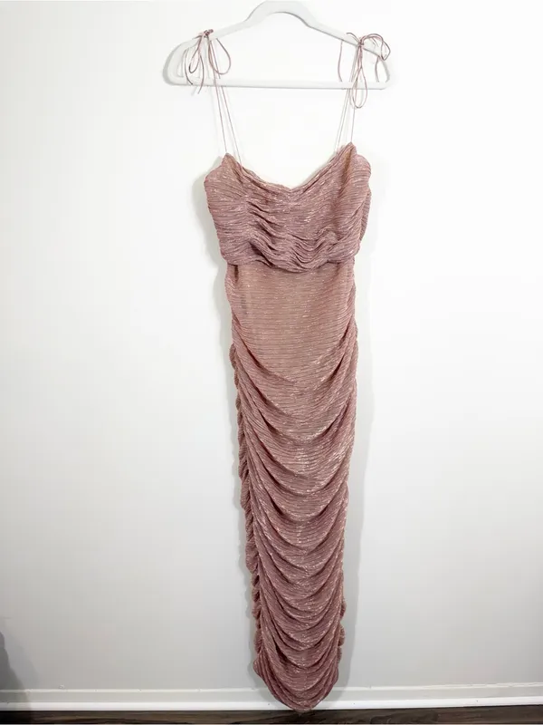 Miss Circle Glint Rose Gold Ruched Chiffon Long Maxi Dress XL - Image 5
