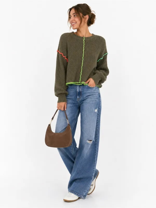 New IN Women’s Waffle Knit Sweater Medium Brown Neon Contrast Stitch - Image 6