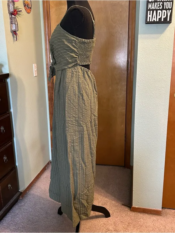 Flying Tomato green striped spaghetti strap wide leg crop jumpsuit size S boho - Image 4