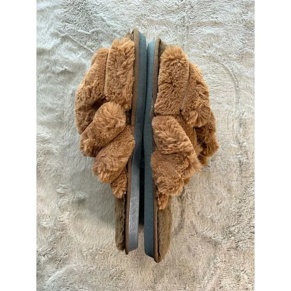 Women's Fuzzy Double Strap Slide Slippers Brown Open Casual Sketchers - Size 9 - Image 2