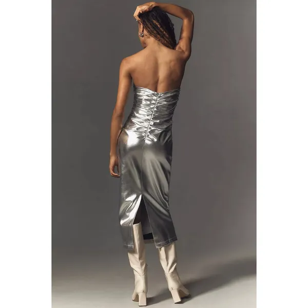 Anthropologie The Soleil Slim Strapless Ruched Dress Silver Size Small NWT - Image 2