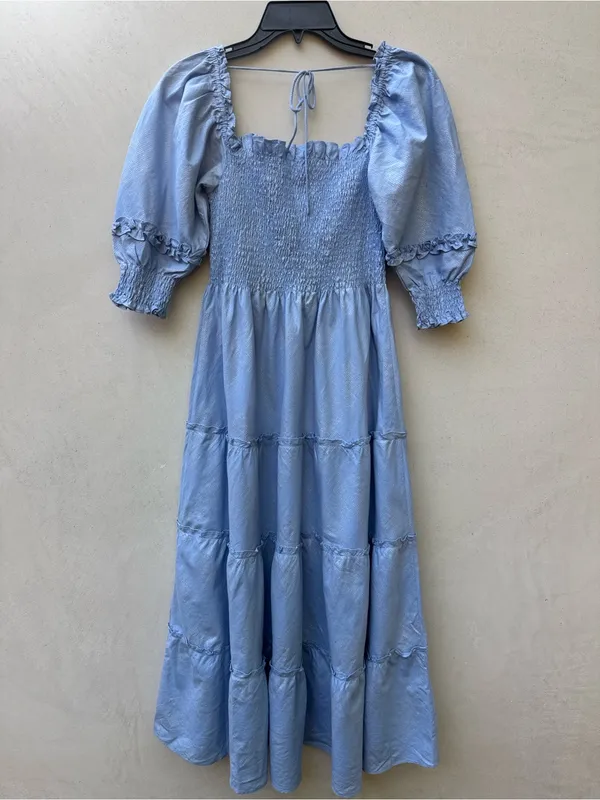 Hill House Home The Nesli Nap Dress Light Blue Glitter Check XS Smocked Puff Sle - Image 3