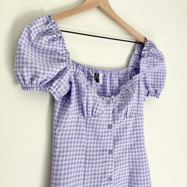 H&M Divided Gingham A Line Square Neck Ruffle Mini Dress Purple Size XS - Image 4