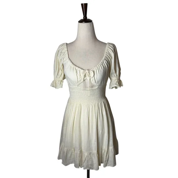 Sabo Mini Dress Women XS Ivory Linen Blend Smocked Puff Sleeve Boho Peasant - Image 2