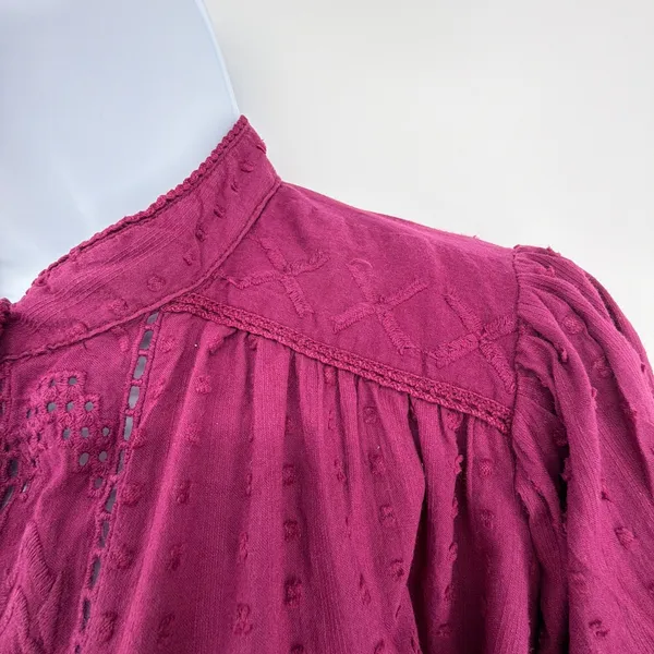 Anthropologie Pilcro Embroidered Swiss Dot Peasant Blouse Berry Magenta Small S - Image 4
