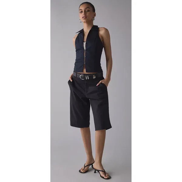 Urban‎ Outfitters Black Halter Button Up Collared Sleeveless Top Slim Fit - Image 4