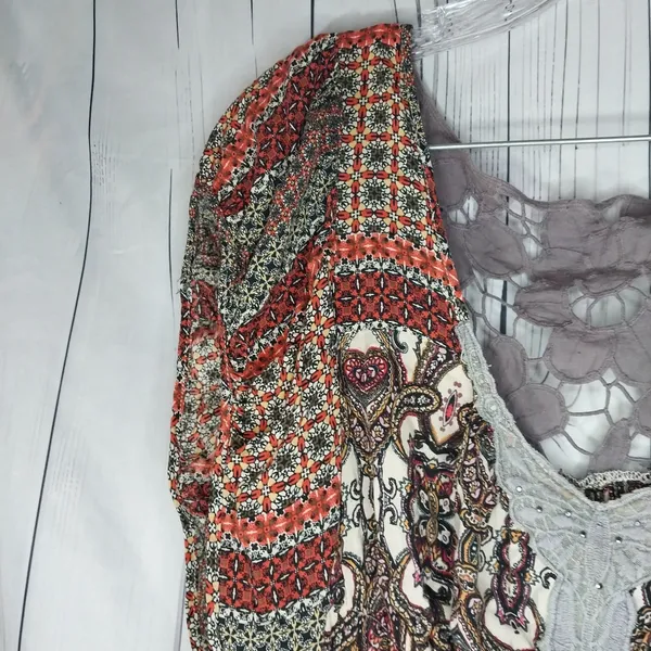 Boho Mixed Print Tunic Peasant Top With Lace Detail - Image 3