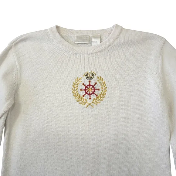 Vintage Koret‎ Cream Nautical Embroidered Crest Cotton Sweater Small Preppy - Image 2