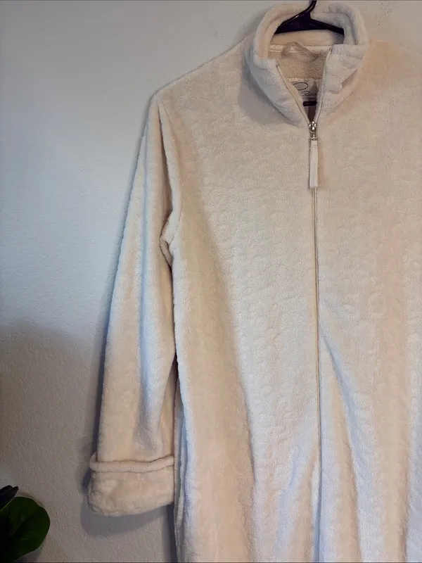 Oscar de la Renta small/medium Women's Cream Teddy Zip-Front robe - Image 3
